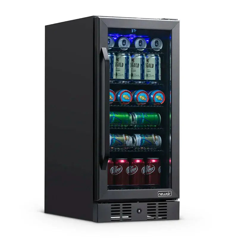 Newair 15" Built-In 96 Can Beverage Fridge in Black Stainless Steel with Precision Temperature | Fridge.com