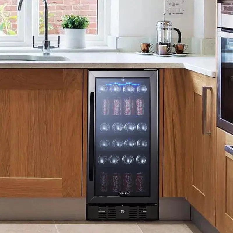 Newair 15" Built-In 96 Can Beverage Fridge in Black Stainless Steel with Precision Temperature | Fridge.com