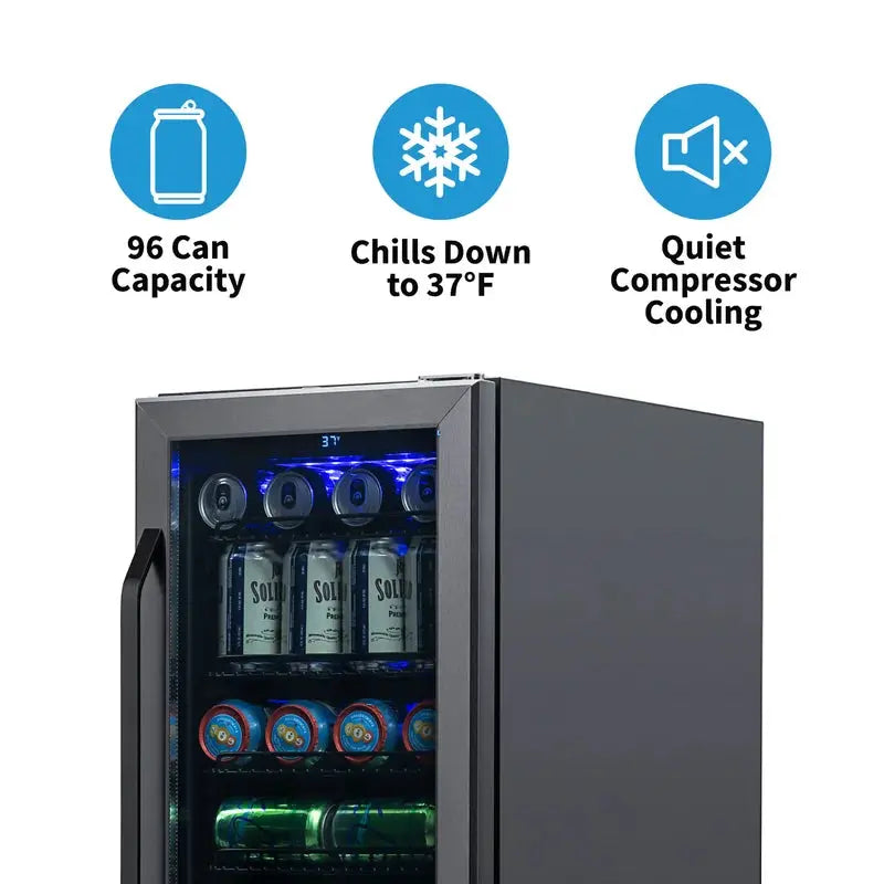 Newair 15" Built-In 96 Can Beverage Fridge in Black Stainless Steel with Precision Temperature | Fridge.com