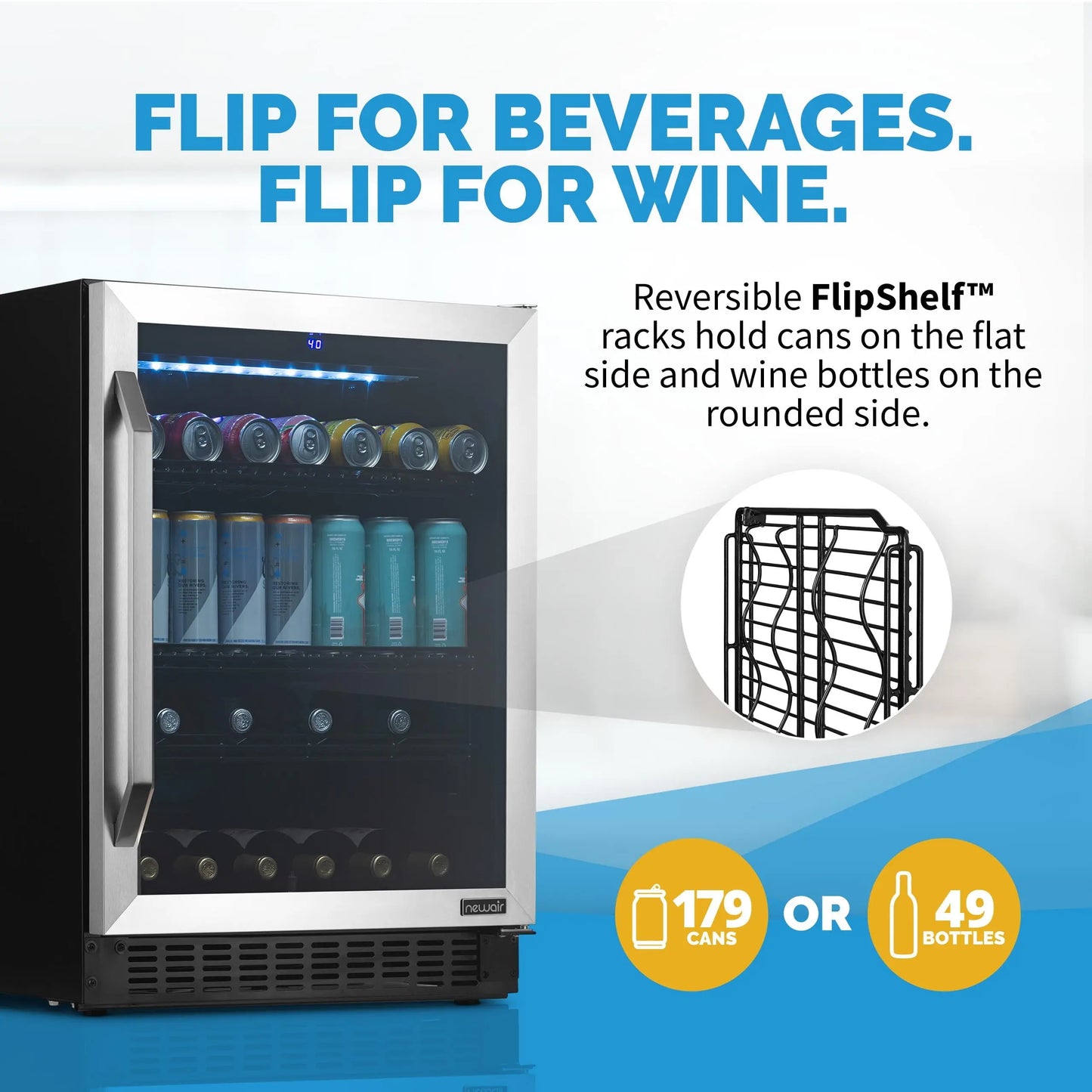 Newair 179 Can or 49 Bottle Wine and Beverage Refrigerator Cooler, Built-In Fridge with Flipshelf in Stainless Steel for Home, Office or Bar | Fridge.com