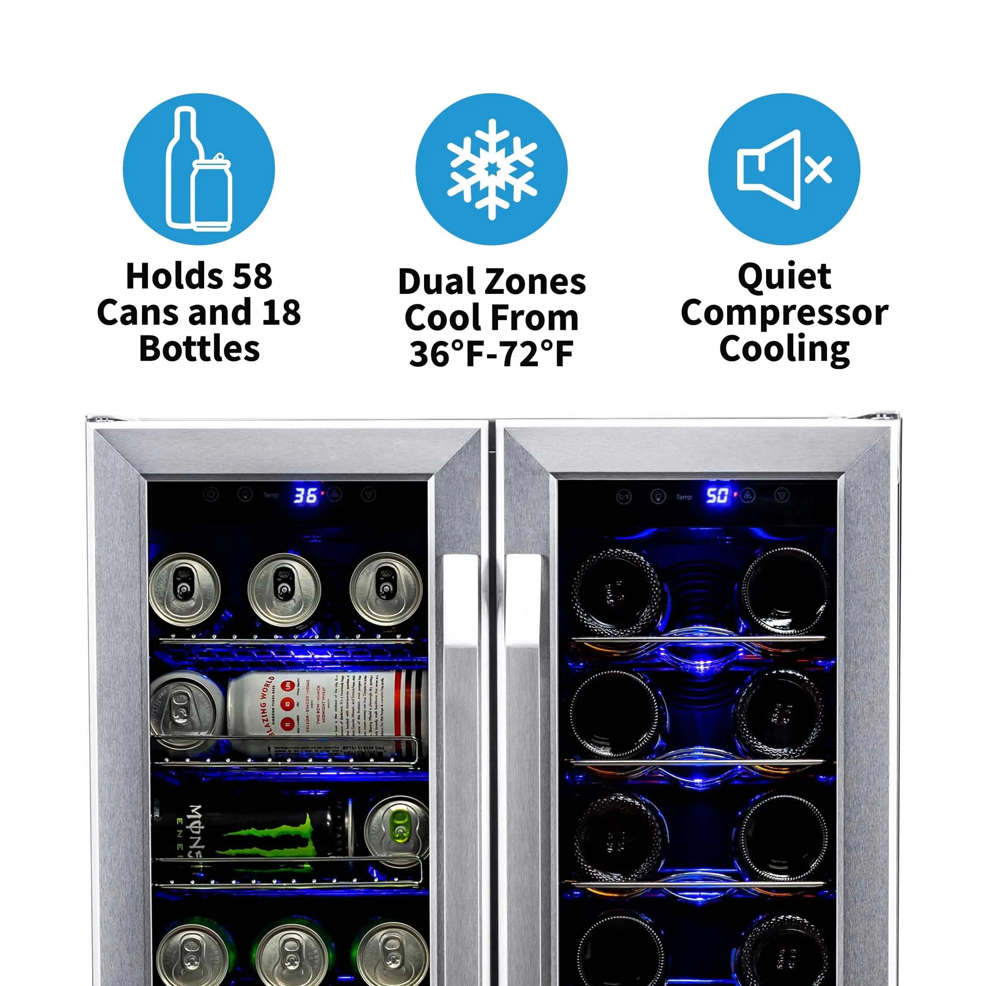 Newair 18 Bottle 58 Can Wine and Beverage Refrigerator Cooler, Built-In Dual Zone Fridge in Stainless Steel for Home, Office or Bar | Fridge.com