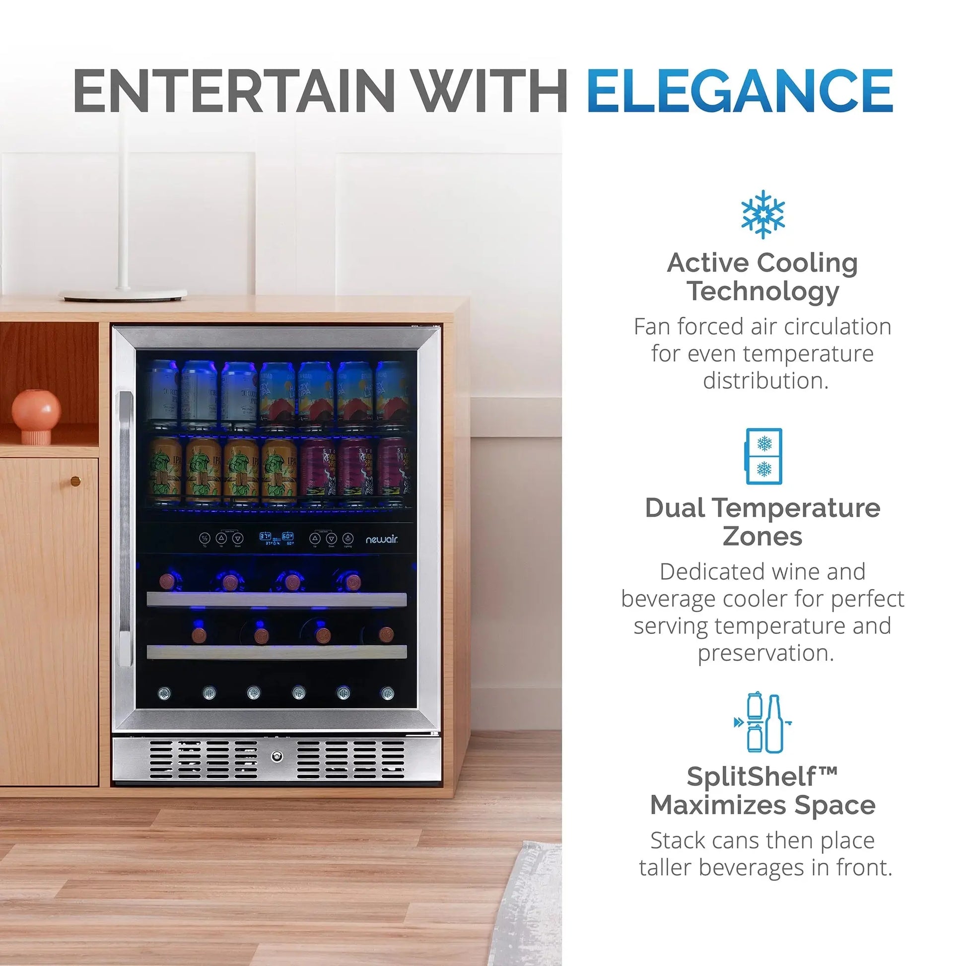 Newair 20 Bottle 70 Can Wine and Beverage Refrigerator Cooler, Built-In Dual Zone Fridge in Stainless Steel for Home, Office or Bar | Fridge.com