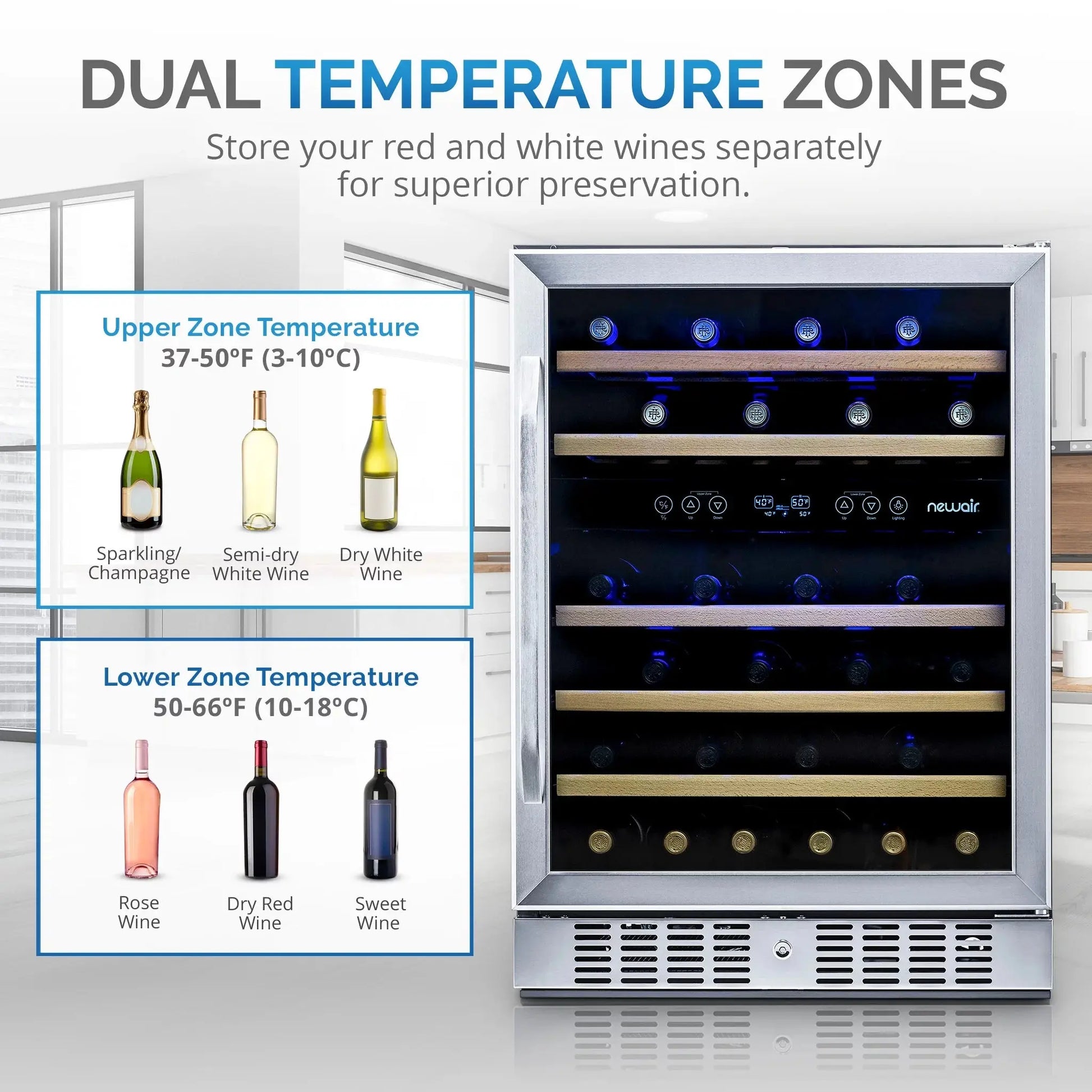 Newair 24 Inch - 46 Bottle Wine Cooler Refrigerator, Built-In Recessed Kickplate, Dual Zone Wine Fridge in Stainless Steel | Fridge.com