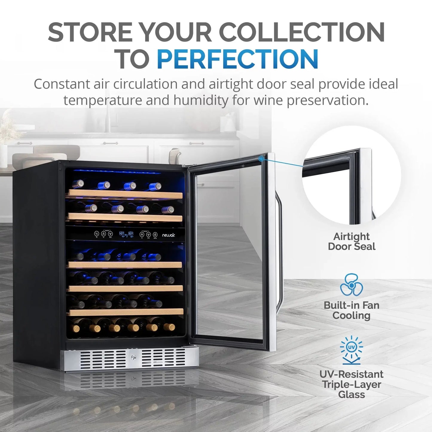 Newair 24 Inch - 46 Bottle Wine Cooler Refrigerator, Built-In Recessed Kickplate, Dual Zone Wine Fridge in Stainless Steel | Fridge.com