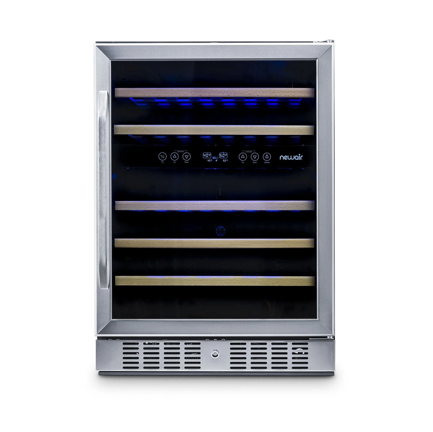 Newair 24 Inch - 46 Bottle Wine Cooler Refrigerator, Built-In Recessed Kickplate, Dual Zone Wine Fridge in Stainless Steel | Fridge.com