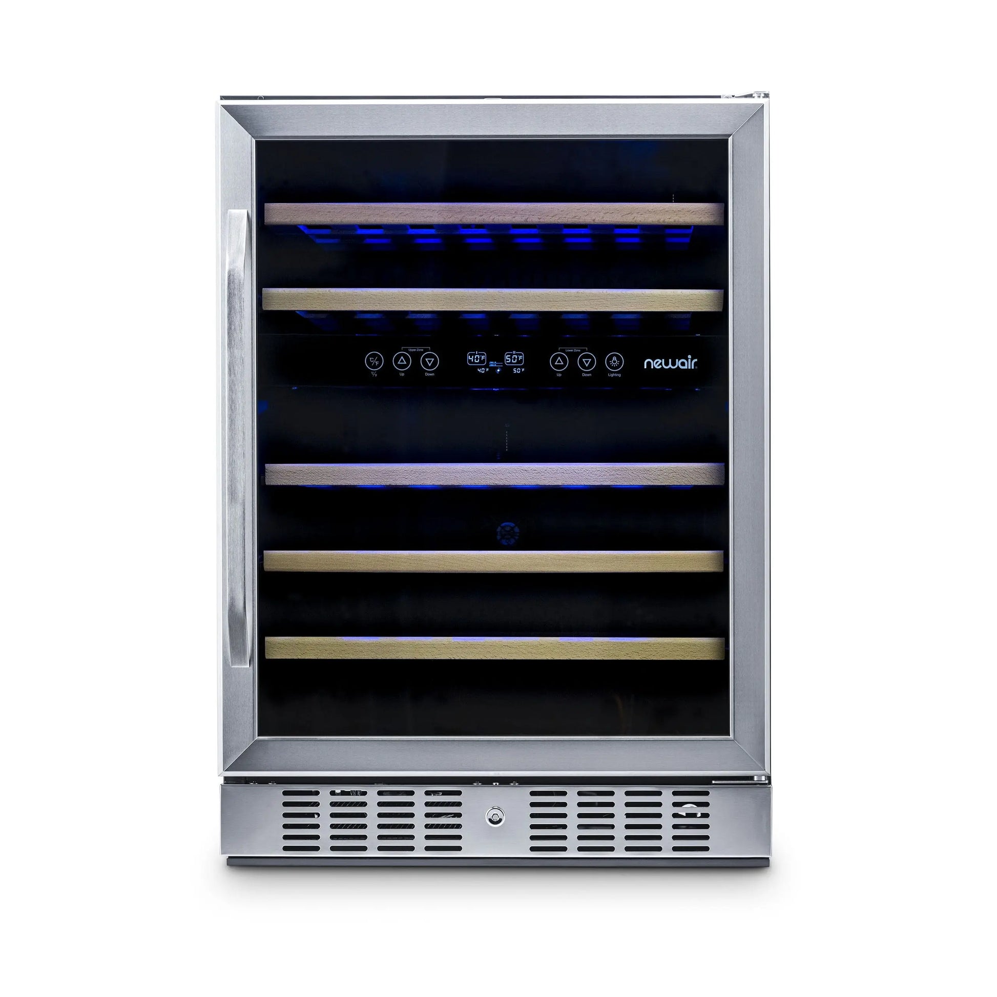 Newair 24 Inch - 46 Bottle Wine Cooler Refrigerator, Built-In Recessed Kickplate, Dual Zone Wine Fridge in Stainless Steel | Fridge.com