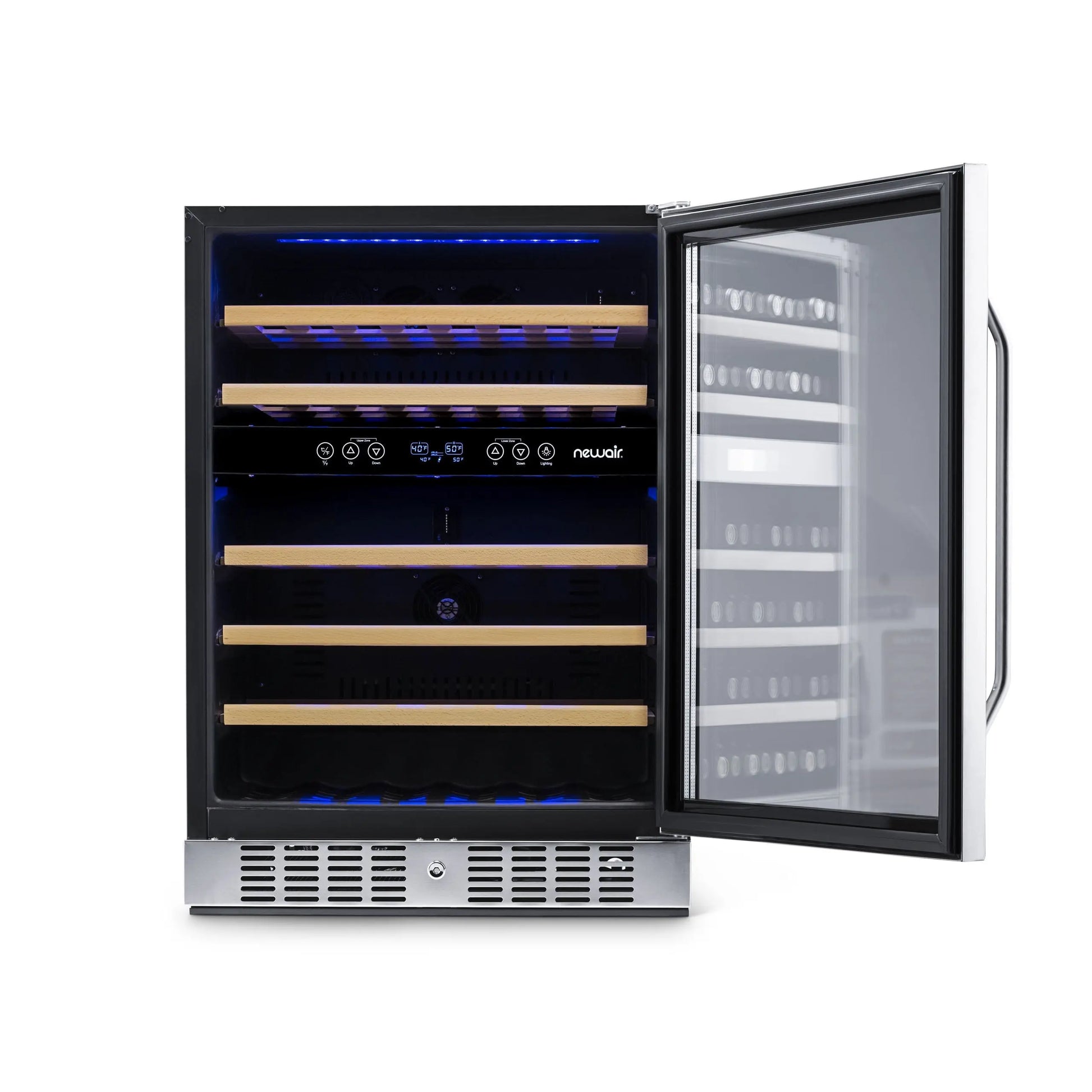 Newair 24 Inch - 46 Bottle Wine Cooler Refrigerator, Built-In Recessed Kickplate, Dual Zone Wine Fridge in Stainless Steel | Fridge.com