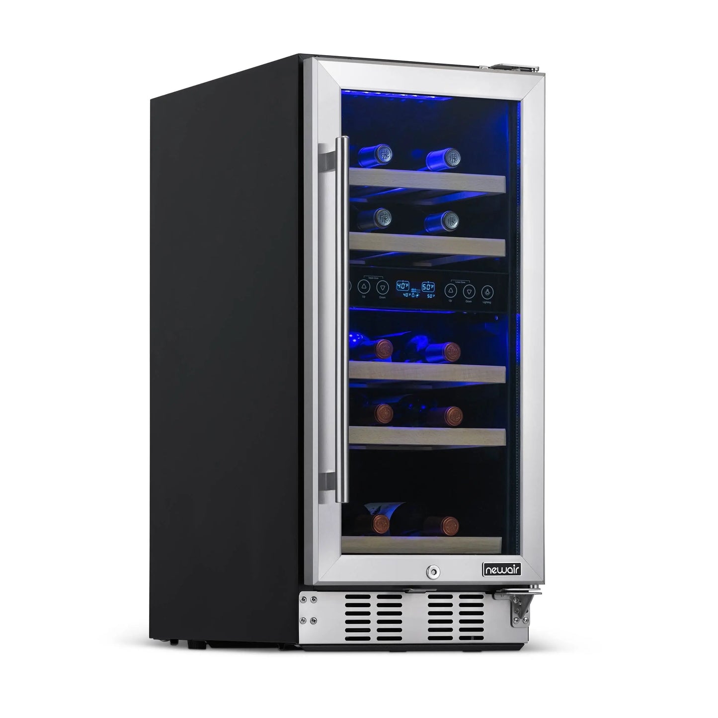 Newair 24 Inch - 46 Bottle Wine Cooler Refrigerator, Built-In Recessed Kickplate, Dual Zone Wine Fridge in Stainless Steel | Fridge.com