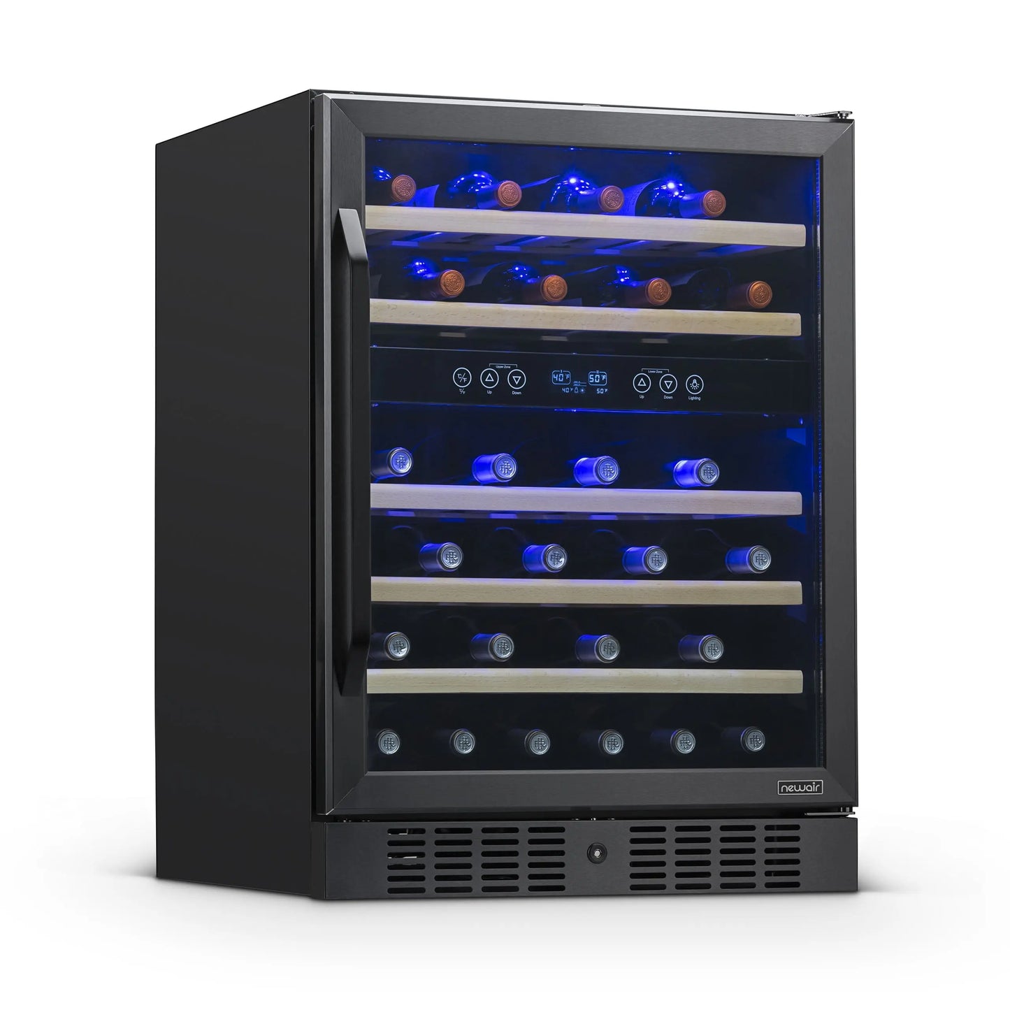 Newair 24 Inch - 46 Bottle Wine Cooler Refrigerator, Built-In Recessed Kickplate, Dual Zone Wine Fridge in Stainless Steel | Fridge.com