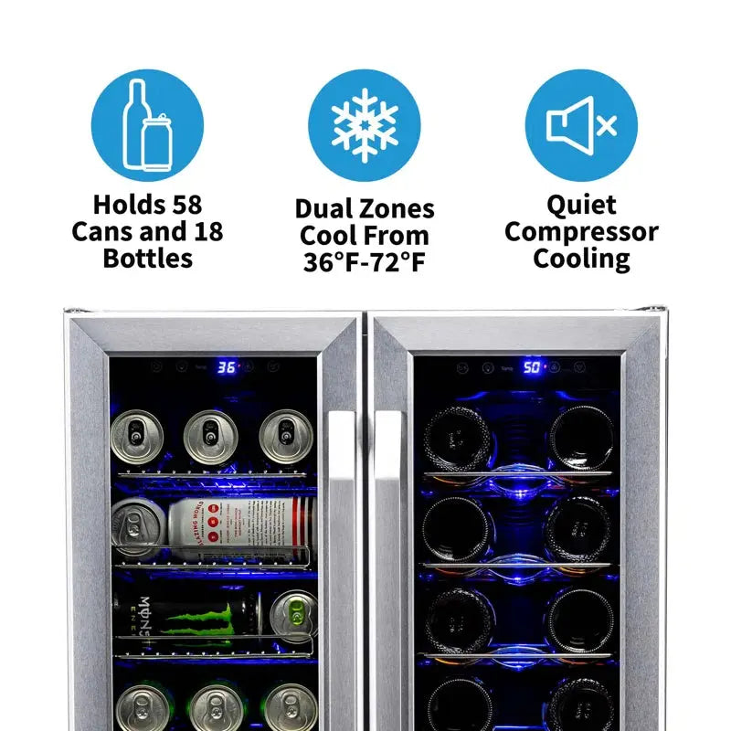 Newair 24” Built-In Dual Zone 18 Bottle and 58 Can Wine and Beverage Fridge in Stainless Steel | Fridge.com