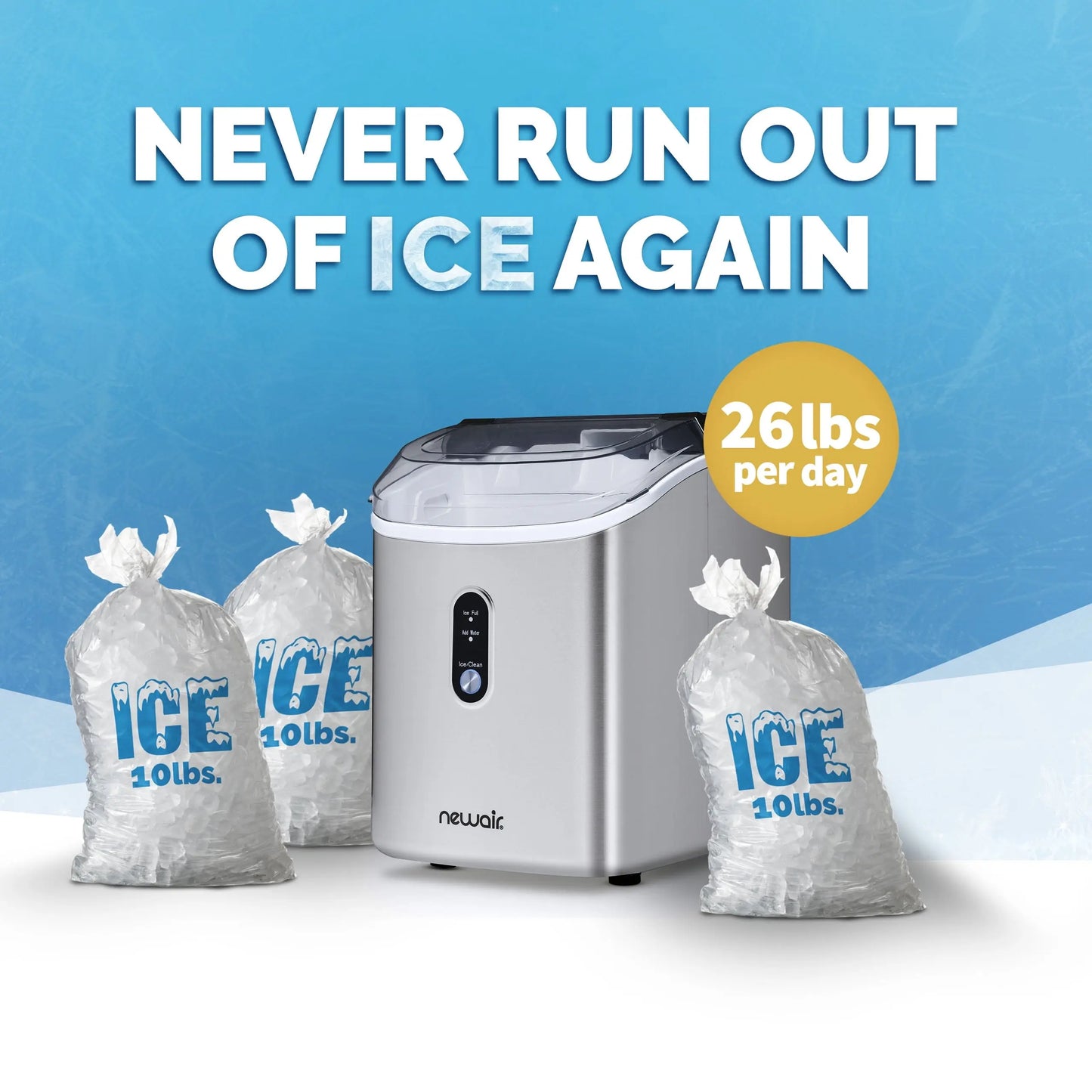 Newair 26 Lbs. Nugget Countertop Ice Maker with Soft Chewable Pebble Ice, Self-Cleaning, Easy-Pour Waterspout, Perfect for Home, Kitchen, Office, Silver Stainless Steel | Fridge.com