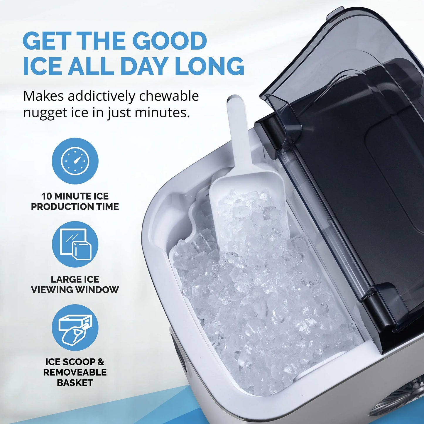 Newair 26 Lbs. Nugget Countertop Ice Maker with Soft Chewable Pebble Ice, Self-Cleaning, Easy-Pour Waterspout, Perfect for Home, Kitchen, Office, Silver Stainless Steel | Fridge.com