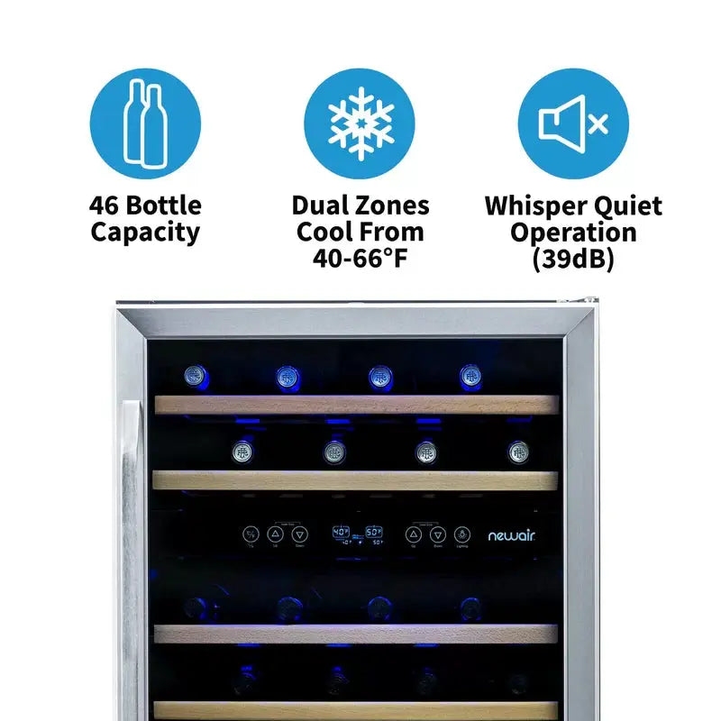 Newair 46 Bottle Dual Zone Built-In Wine Refrigerator with Beechwood Shelves and Recessed Kickplate | Fridge.com