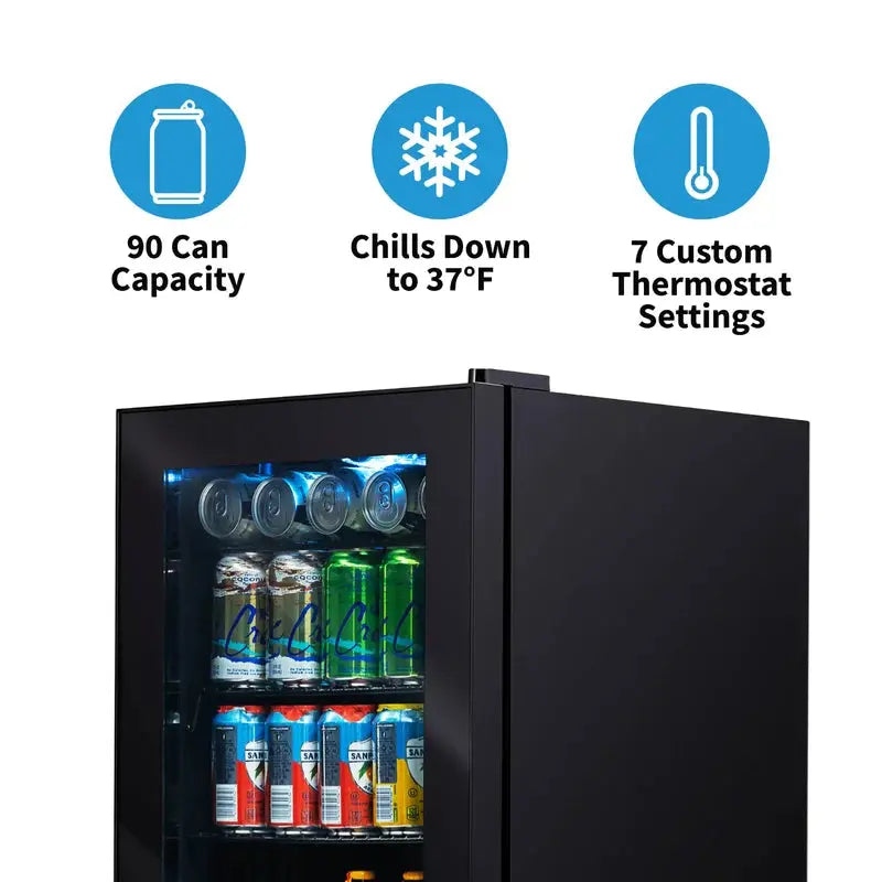 Newair 90 Can Freestanding Beverage Fridge in Onyx Black, Compact with Adjustable Shelves and Lock | Fridge.com