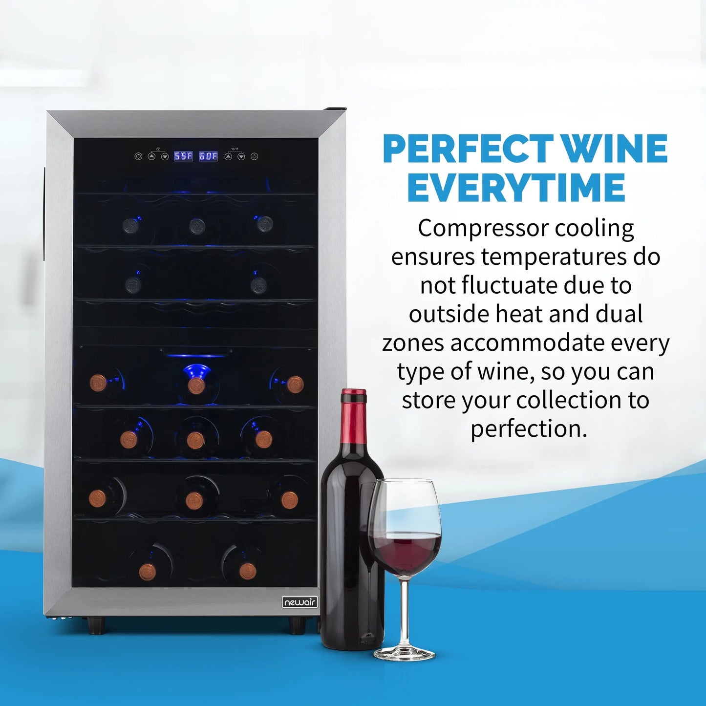 Newair Freestanding Wine Fridge, 43 Bottle Dual Zone Compressor Wine Cooler Fridge in Stainless Steel | Fridge.com