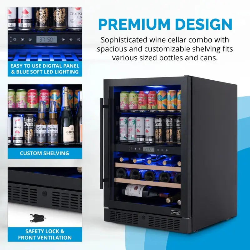 Newair Wine and Beverage Refrigerator, 24 Bottles and 100 Cans, Dual Zone, Black Stainless Steel | Fridge.com