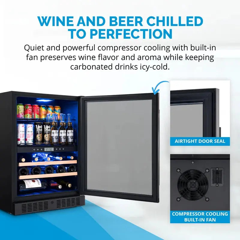 Newair Wine and Beverage Refrigerator, 24 Bottles and 100 Cans, Dual Zone, Black Stainless Steel | Fridge.com