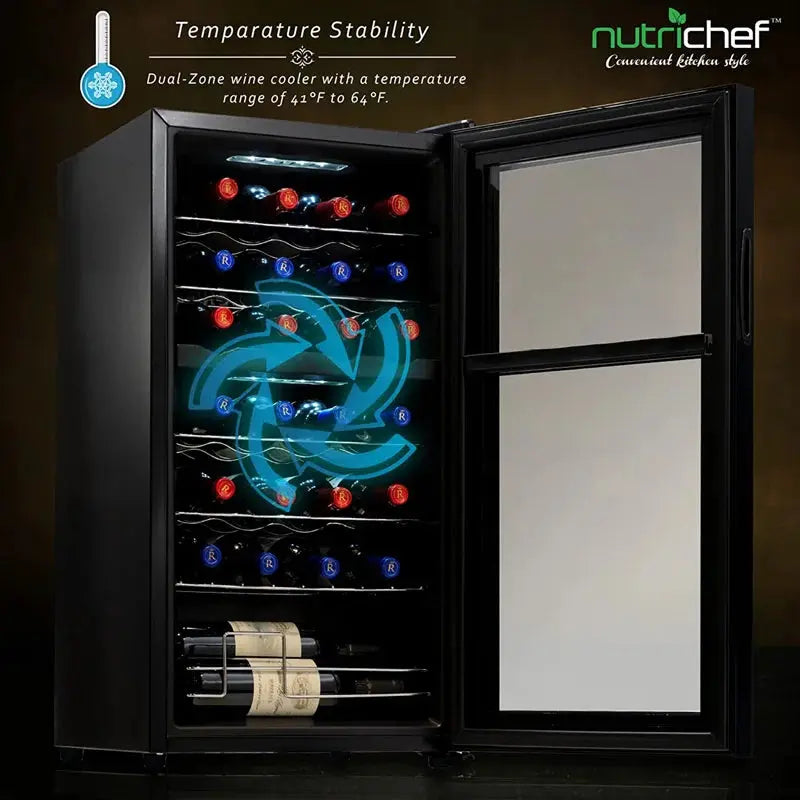 Nutrichef 16.93'' 28 Bottle Dual Zone Freestanding Wine Refrigerator | Fridge.com