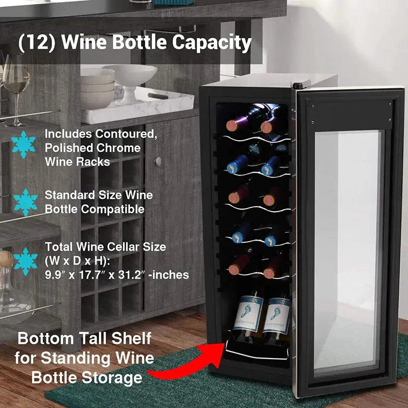 Nutrichef 17.72'' 12 Bottle Single Zone Freestanding Wine Refrigerator | Fridge.com