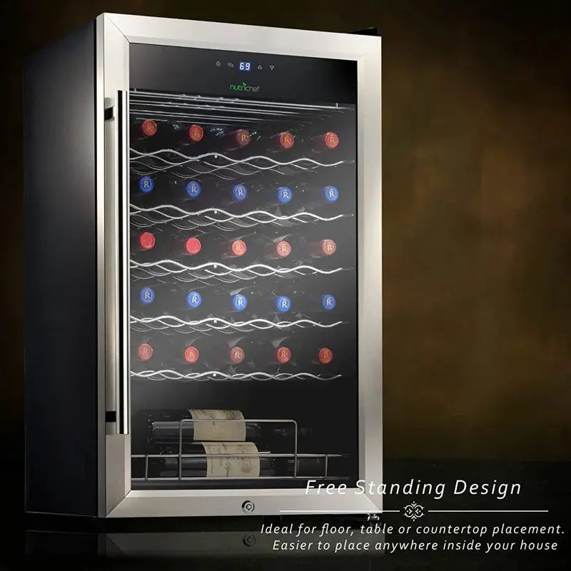 Nutrichef 19.49'' 34 Bottle Single Zone Freestanding Wine Refrigerator | Fridge.com