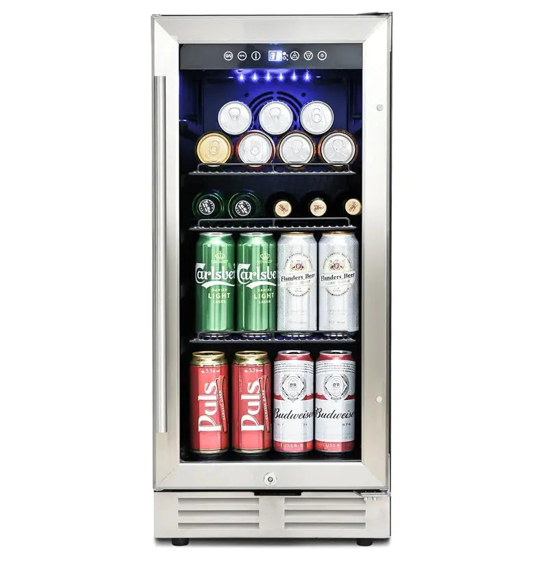 Built-In and Freestanding 15" Mini Beverage Refrigerator/Wine Cabinet, 120 Cans, 34-65F, Quiet, Adjustable Shelves, LED Lighting, ETL , Touch Controls, Defrost, Double Glass Door, Kitchen/Bar /Office | Fridge.com