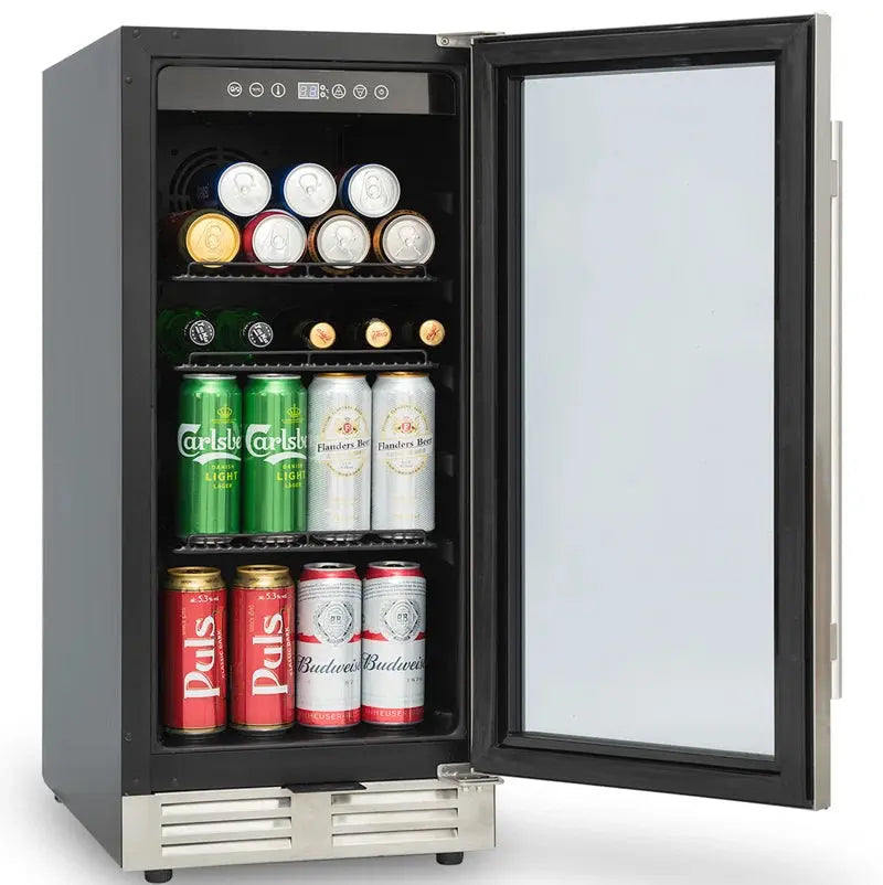 Built-In and Freestanding 15" Mini Beverage Refrigerator/Wine Cabinet, 120 Cans, 34-65F, Quiet, Adjustable Shelves, LED Lighting, ETL , Touch Controls, Defrost, Double Glass Door, Kitchen/Bar /Office | Fridge.com