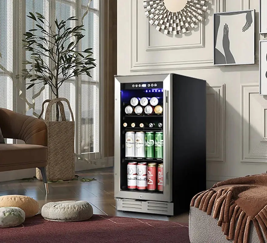 Built-In and Freestanding 15" Mini Beverage Refrigerator/Wine Cabinet, 120 Cans, 34-65F, Quiet, Adjustable Shelves, LED Lighting, ETL , Touch Controls, Defrost, Double Glass Door, Kitchen/Bar /Office | Fridge.com