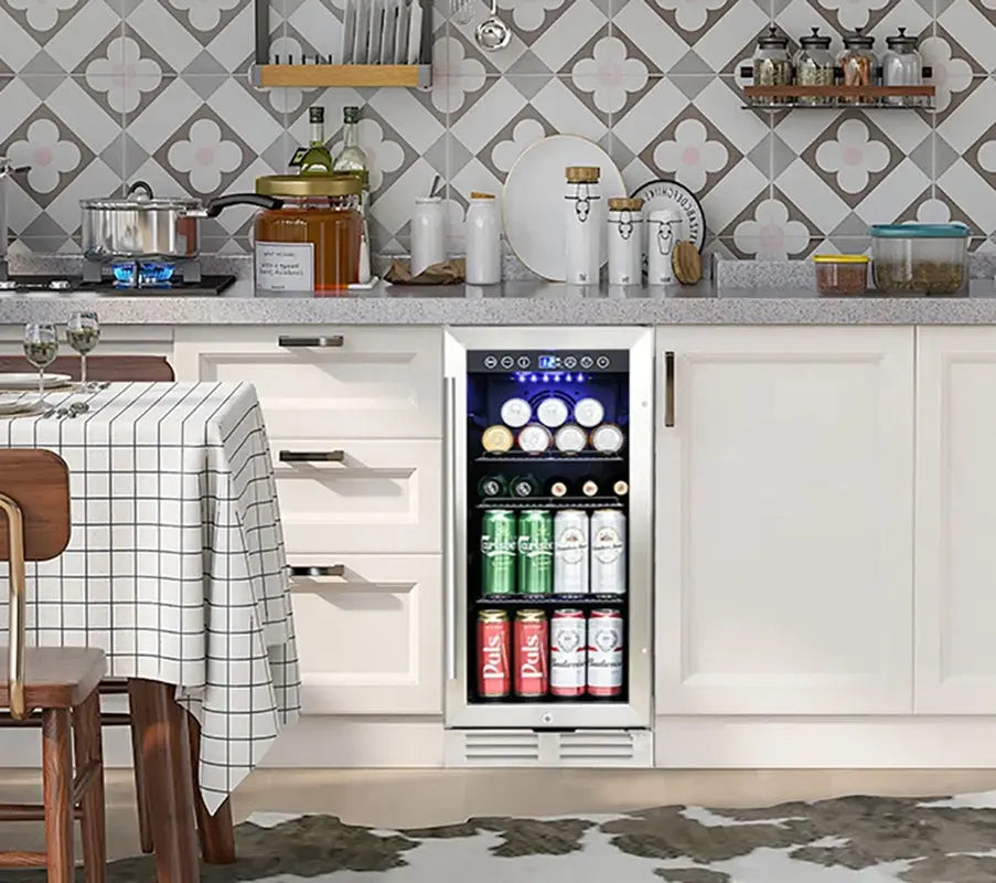 Built-In and Freestanding 15" Mini Beverage Refrigerator/Wine Cabinet, 120 Cans, 34-65F, Quiet, Adjustable Shelves, LED Lighting, ETL , Touch Controls, Defrost, Double Glass Door, Kitchen/Bar /Office | Fridge.com