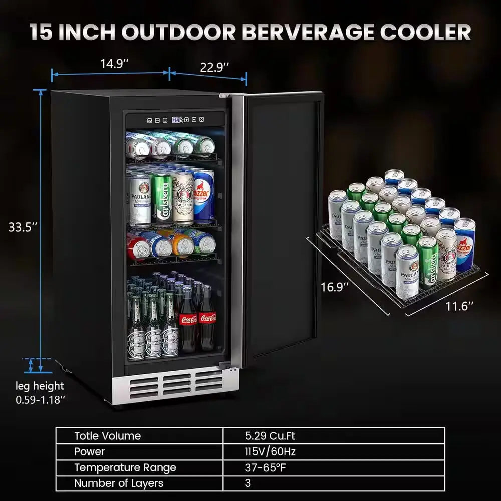 15 In. 3.53 Cu. Ft. Built-In Outdoor Refrigerator in Silver Indoor/Outdoor Beverage Refrigerator for 80-Cans | Fridge.com