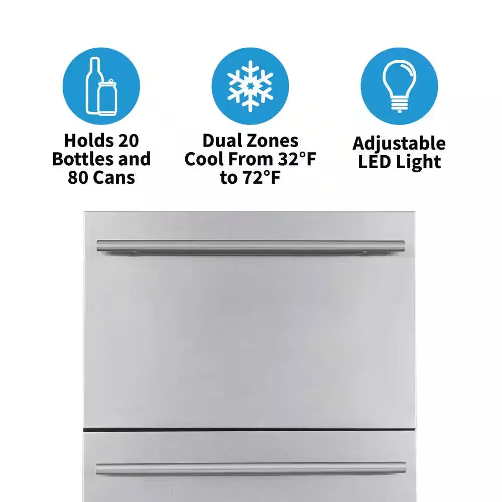 24 In. 20-Bottle and 80-Can Built-In Dual Drawer Indoor/Outdoor Wine and Beverage Fridge in Weatherproof Stainless Steel | Fridge.com