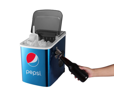 Pepsi 26 Lbs. Stainless Steel Ice Maker, Built in Bottle Opener - Blue | Fridge.com