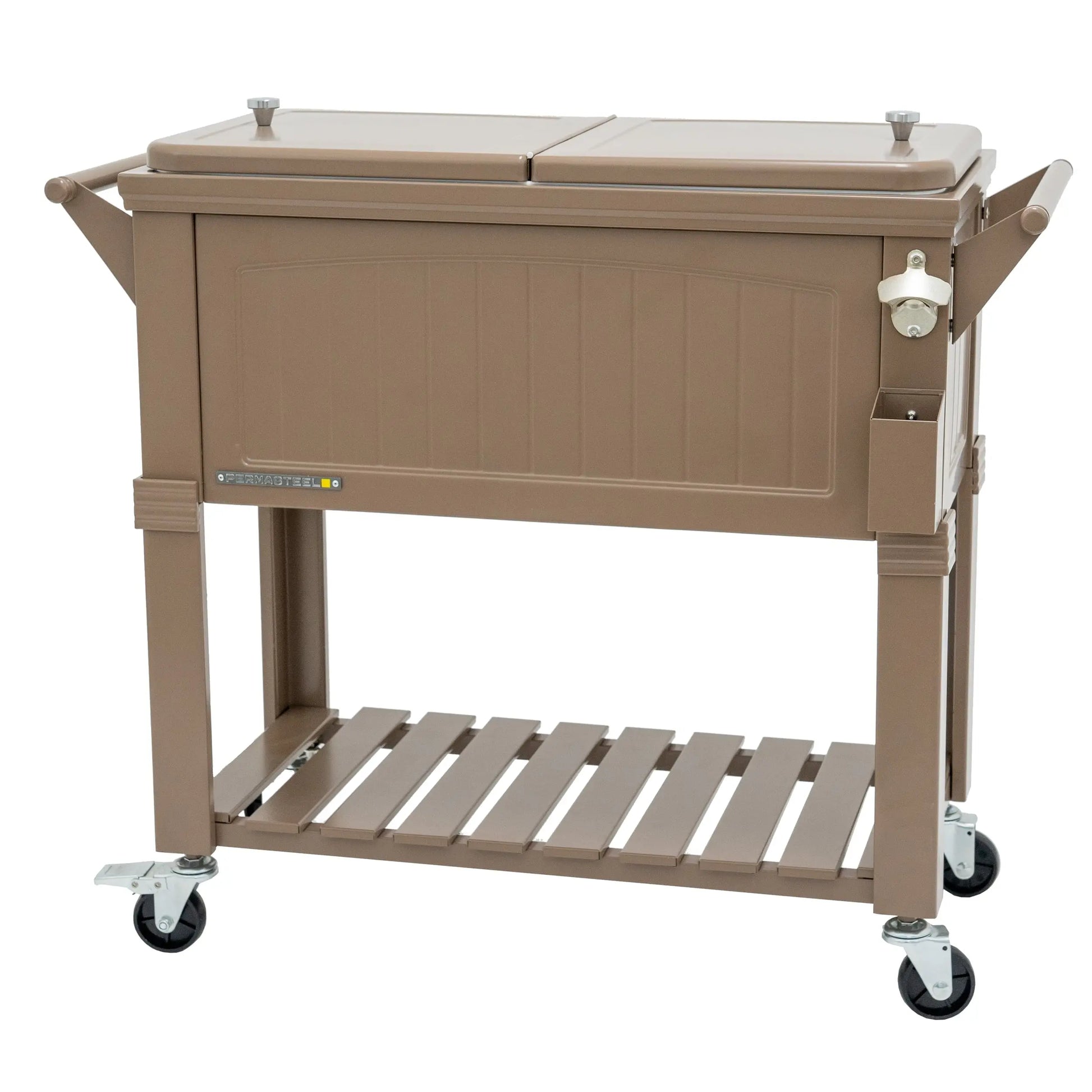 Permasteel 80-Qt Antique Outdoor Steel Patio Cooler on Wheels, Rolling Cooler Cart, Wooden Teak Style, Black | Fridge.com