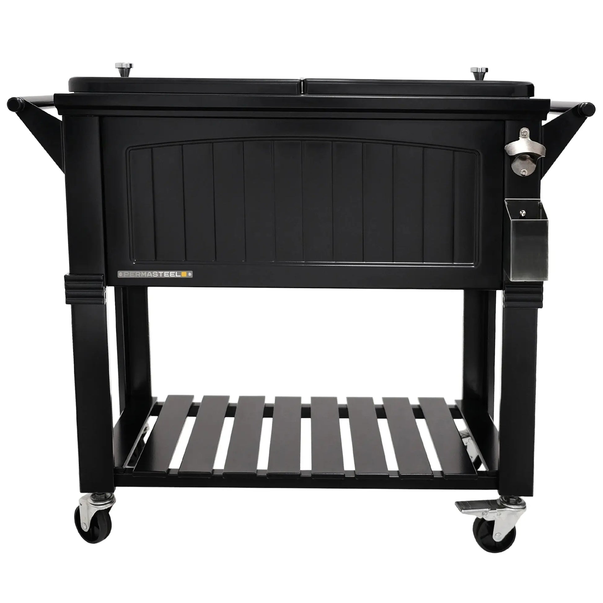 Permasteel 80-Qt Antique Outdoor Steel Patio Cooler on Wheels, Rolling Cooler Cart, Wooden Teak Style, Black | Fridge.com