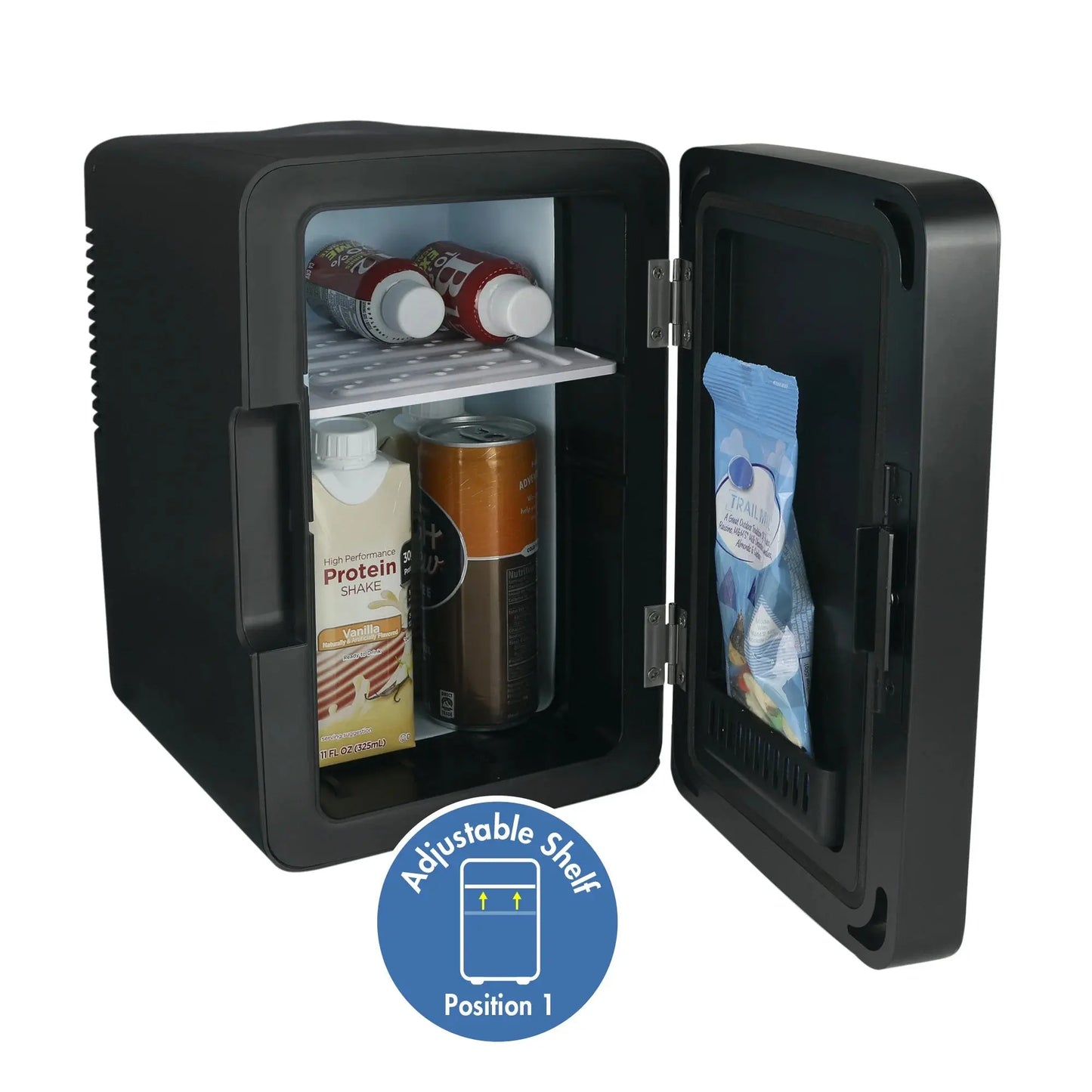 Personal Chiller LED Lighted Mini Fridge with Glass Hinged Door, 10.6"X11.7"X737", New, Black | Fridge.com