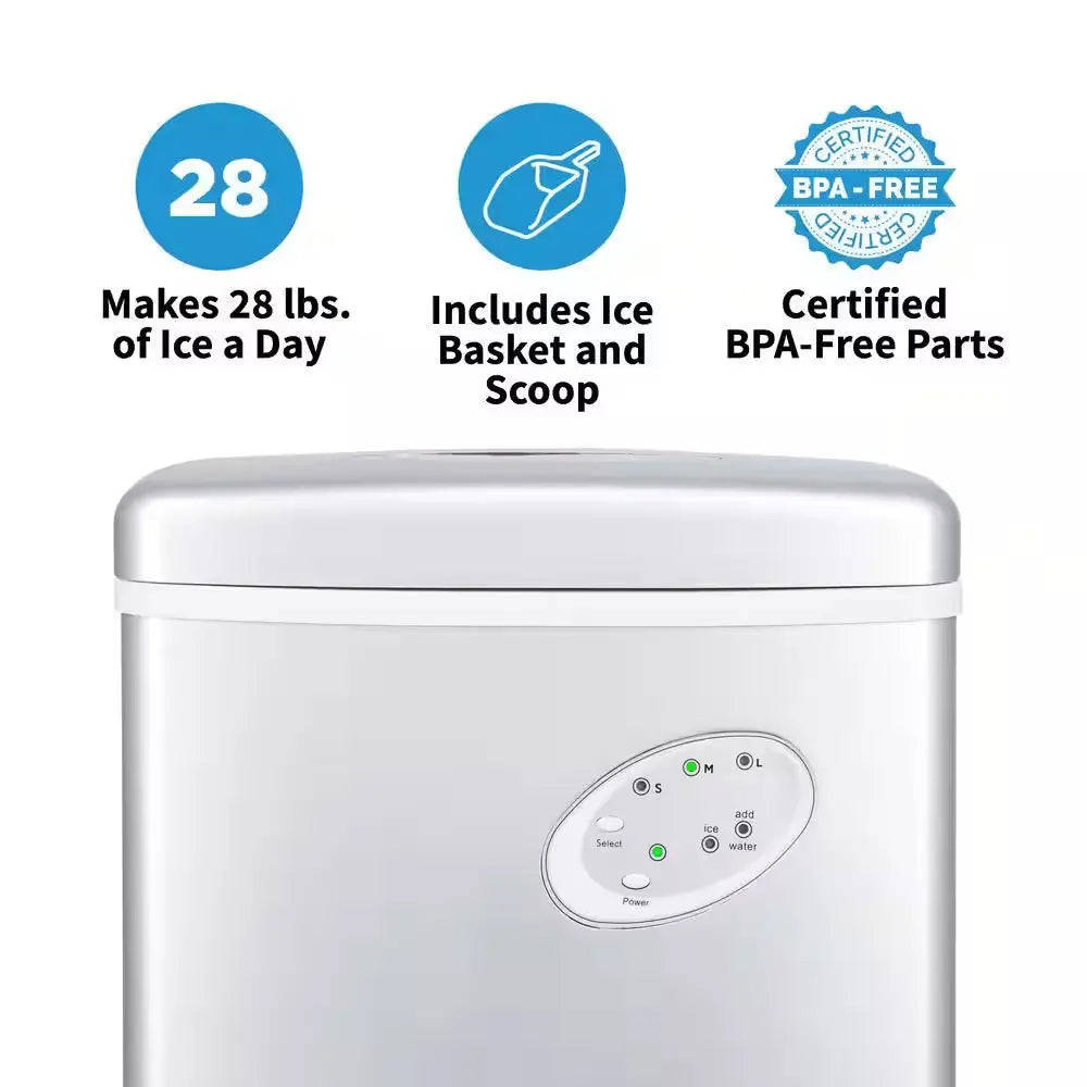 Portable 28 Lb. of Ice a Day Countertop Ice Maker BPA Free Parts with 3 Ice Sizes and Ice Scoop - Silver | Fridge.com