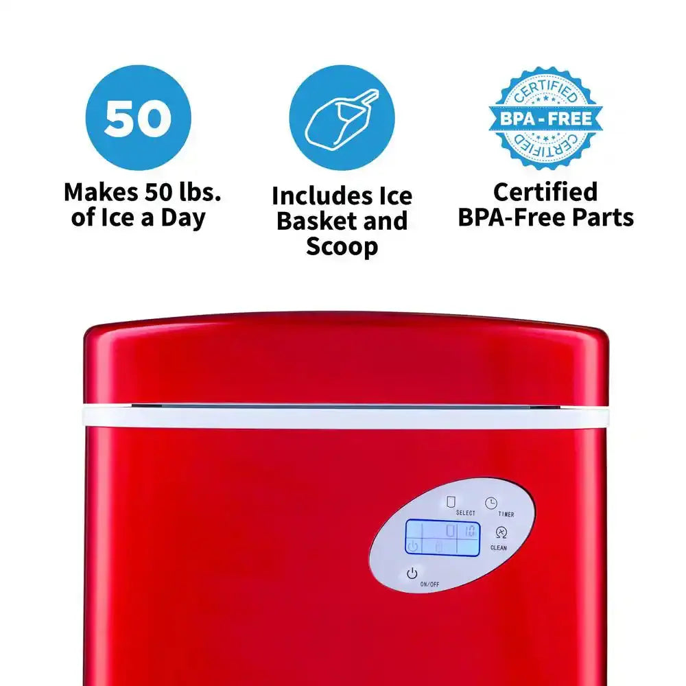 Portable 50 Lb. of Ice a Day Countertop Ice Maker BPA Free Parts with 3 Ice Sizes and Easy to Clean - Red | Fridge.com