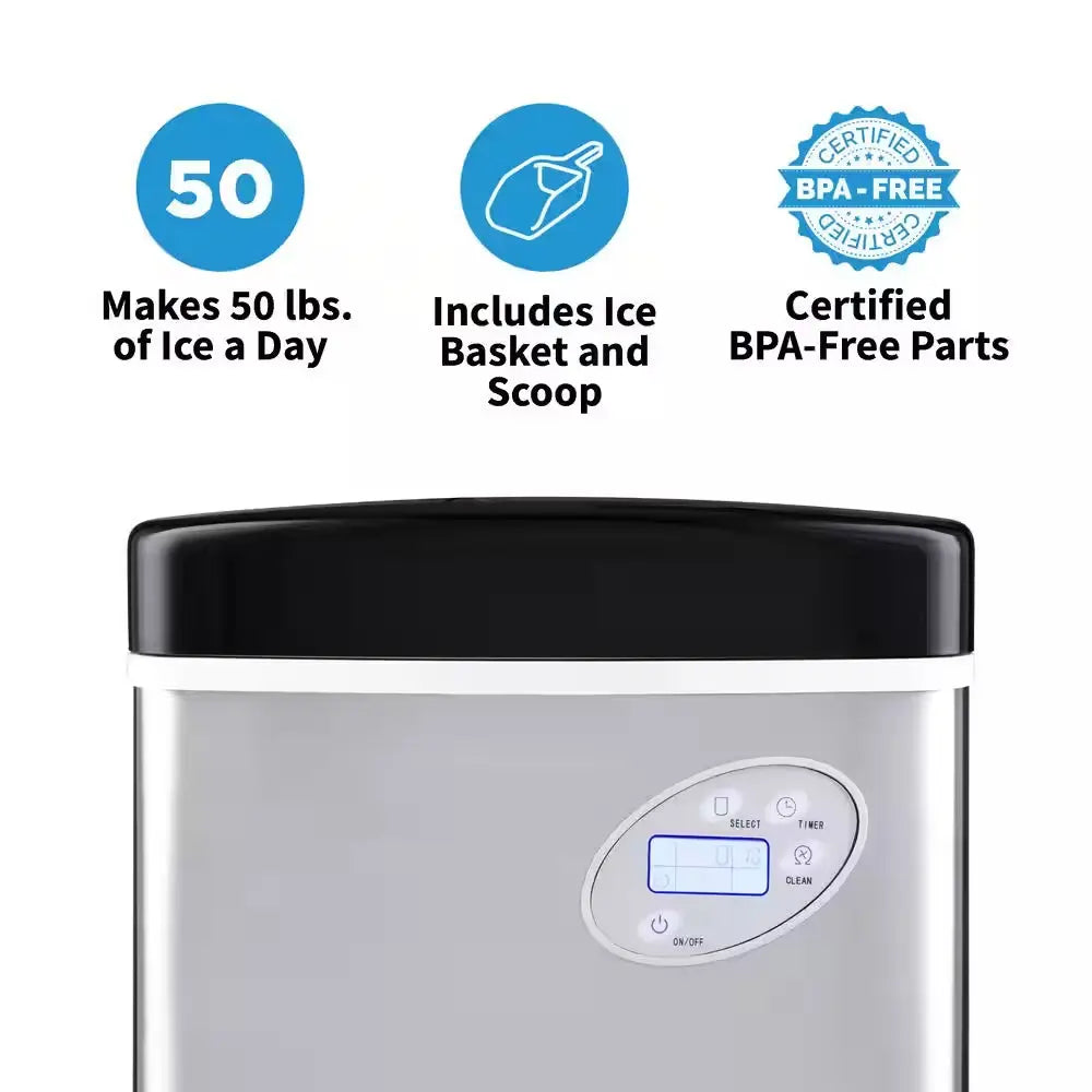 Portable 50 Lb. of Ice a Day Countertop Ice Maker BPA Free Parts with 3 Ice Sizes and Easy to Clean - Stainless Steel | Fridge.com