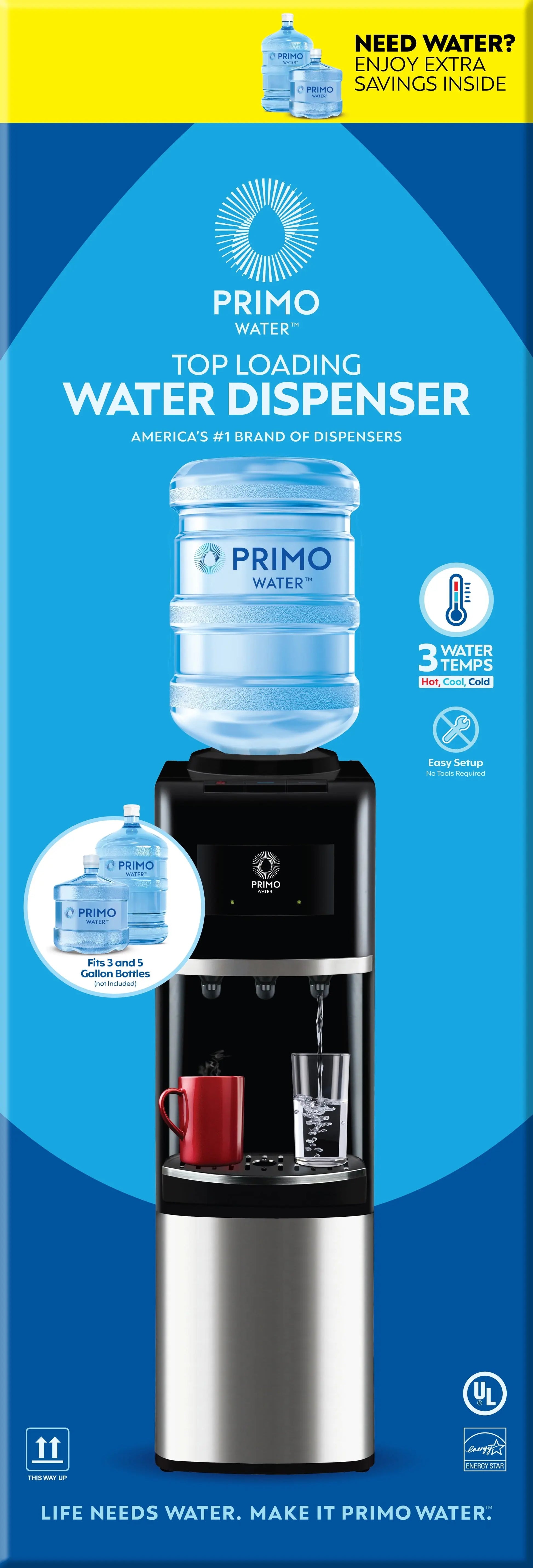 Primo Water Black and Stainless Top Load Water Dispenser 3 or 5 Gallon, Model 900127 | Fridge.com