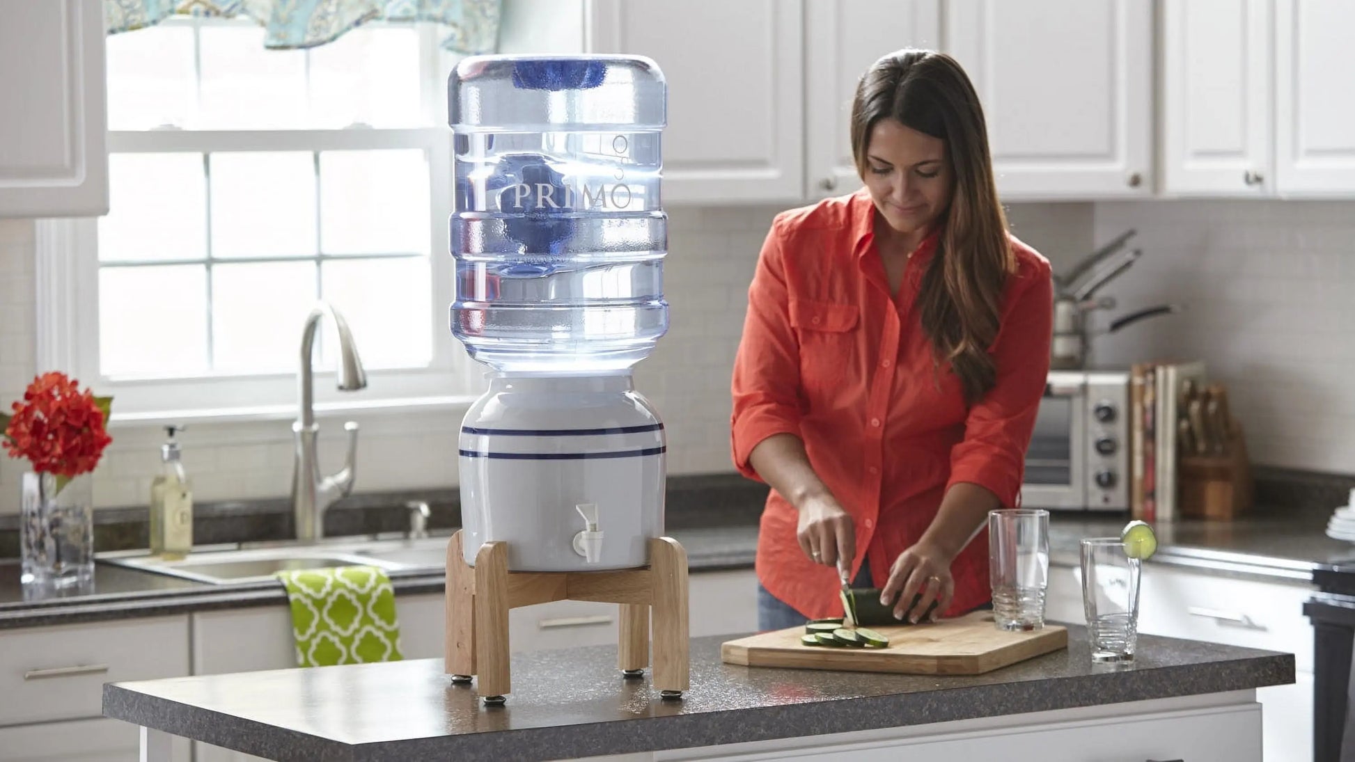 Primo® Water Countertop Dispenser Top Loading, Cool Temp, Ceramic, Wooden Stand | Fridge.com