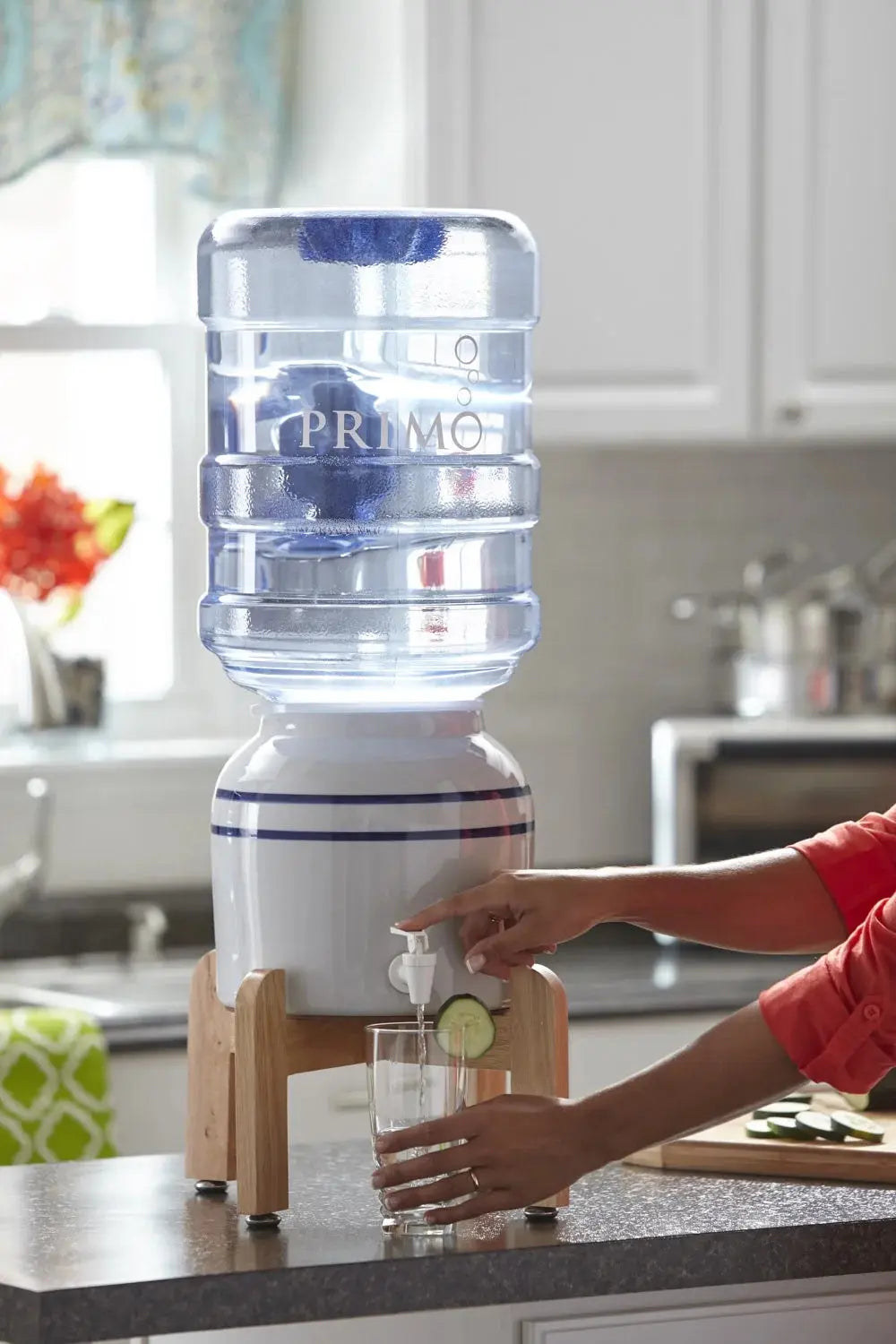 Primo® Water Countertop Dispenser Top Loading, Cool Temp, Ceramic, Wooden Stand | Fridge.com