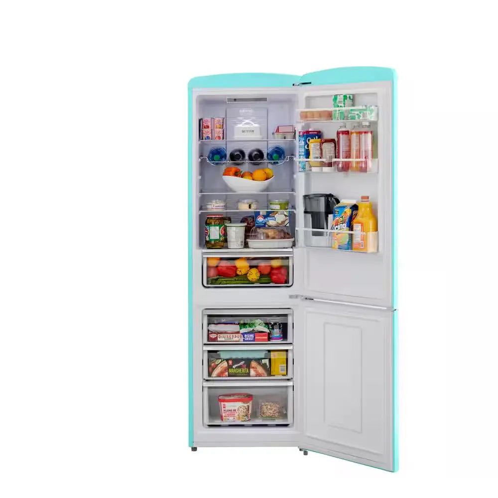 RR2 12 Cu. Ft. Retro Refrigerator Full Size Fridge Bottom Freezer Chrome Handle Frost Free LED Multiflow 360° Turquoise | Fridge.com