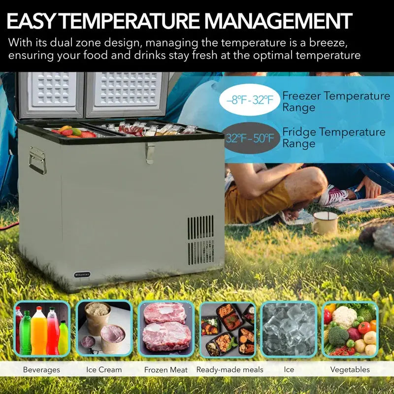 Whynter Outdoor 90 Quart Dual Zone Portable Freezer/Refrigerator with 12V DC and Wheels | Fridge.com