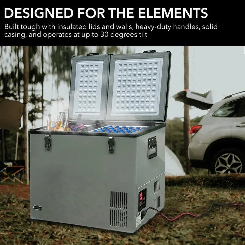 Whynter Outdoor 90 Quart Dual Zone Portable Freezer/Refrigerator with 12V DC and Wheels | Fridge.com