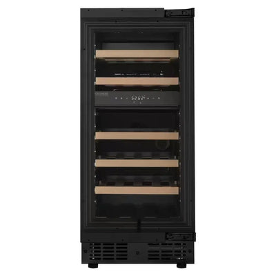 Reserve 15 In. under Counter Panel Ready Dual Zone Beverage and Wine Cooler, 23 Bottle Capacity, Wooden Shelves in Black | Fridge.com