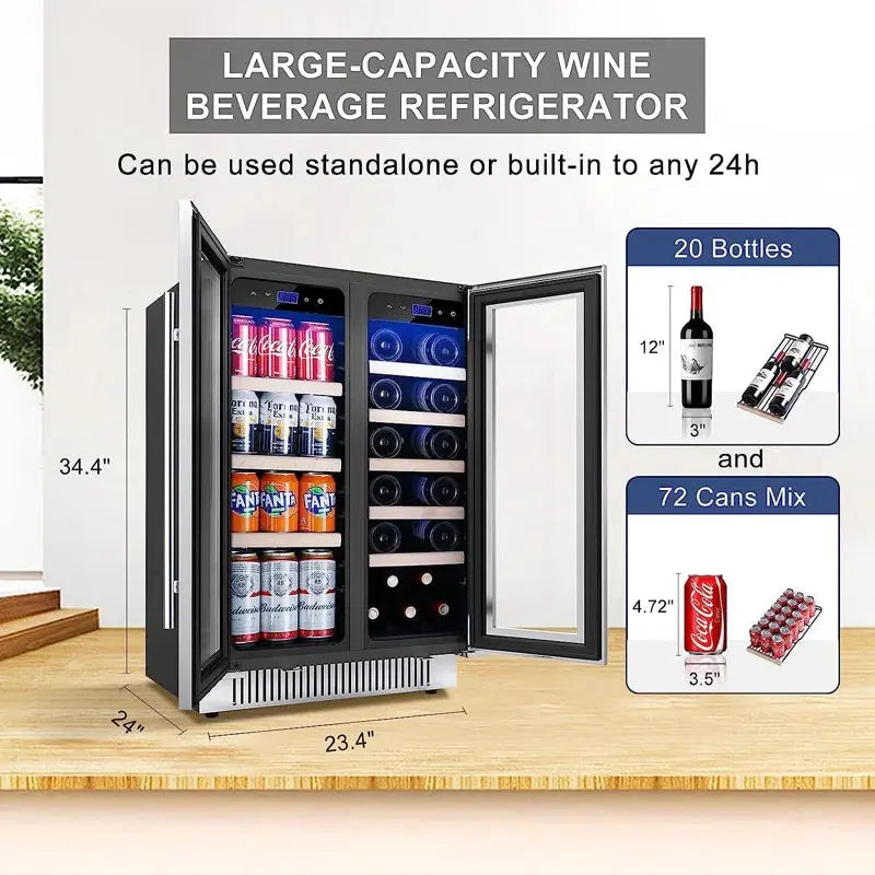 Rhomeway 24.1'' 20 Bottle and 72 Can Dual Zone Built-In Wine & Beverage Refrigerator | Fridge.com