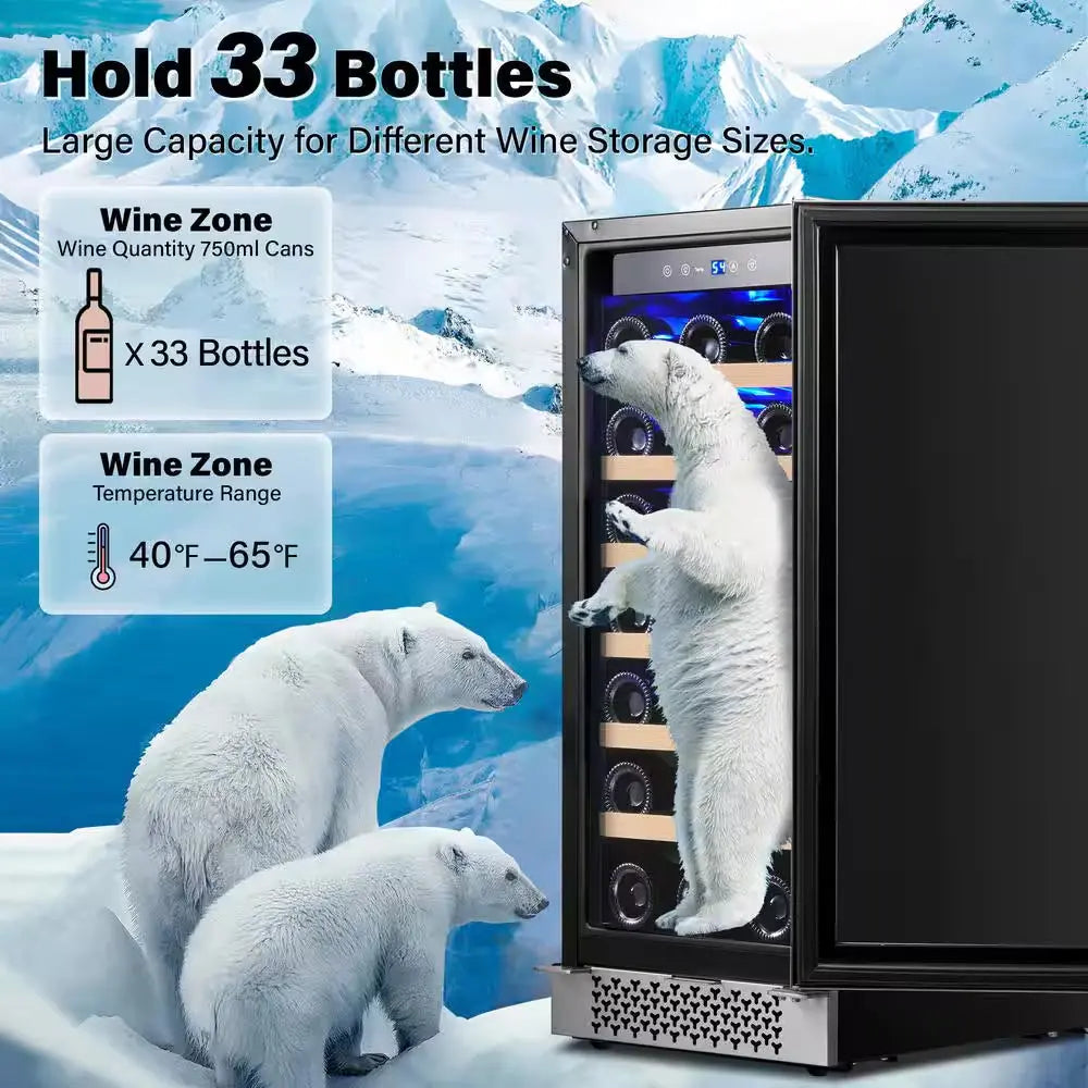 15 In. Single Zone 33-Bottles Built-In Wine Cooler Refrigerator Upgrad Compressor Reversible Tempered Door W/Safety Lock | Fridge.com