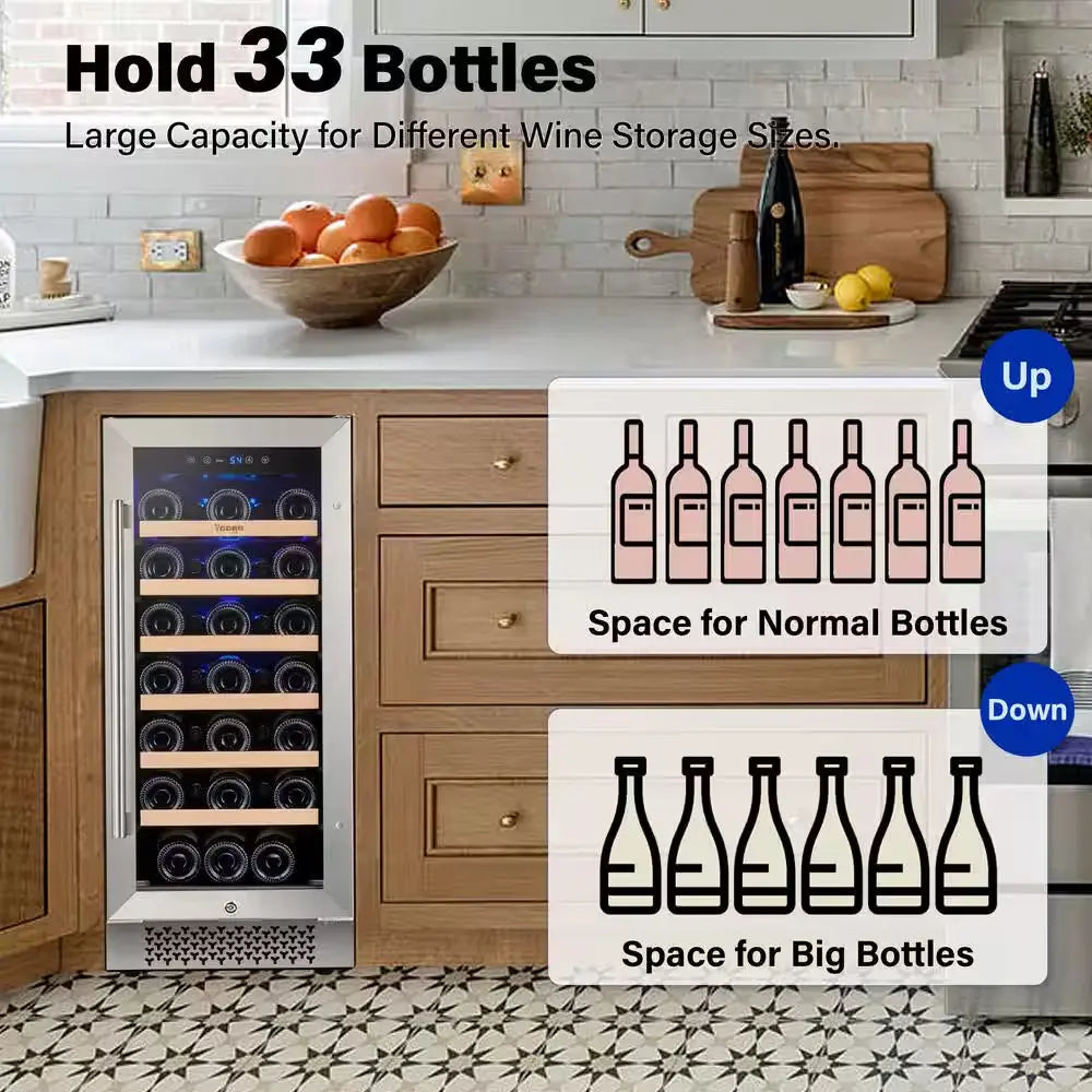 15 In. Single Zone 33-Bottles Built-In Wine Cooler Refrigerator Upgrad Compressor Reversible Tempered Door W/Safety Lock | Fridge.com