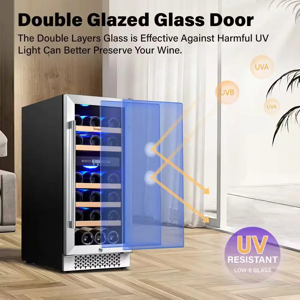 Dual Zone 15 In. 28-Bottles Built-In Wine Cooler Refrigerator 40-65°F Frost-Free W/ Safety Lock and 5 Removable Shelves | Fridge.com