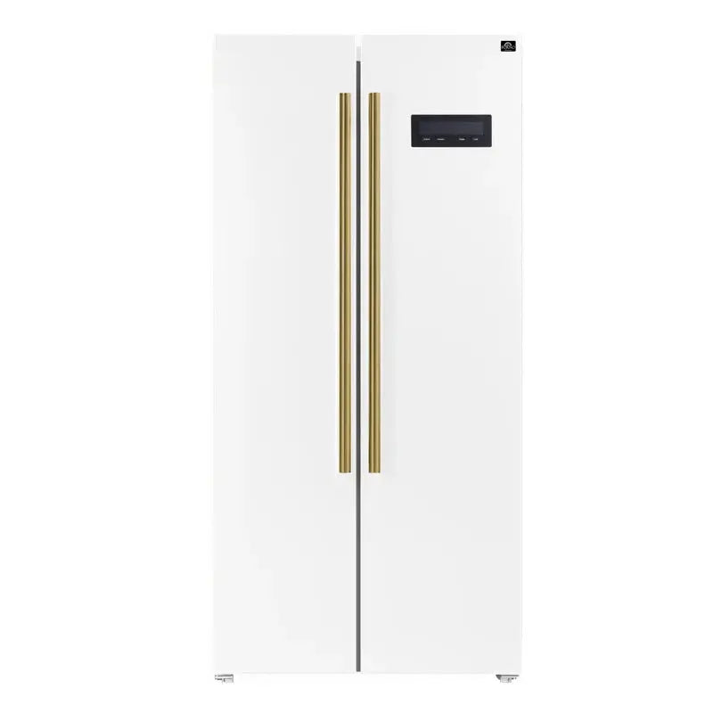 Salerno 33-Inch Freestanding Side-By-Side Refrigerator, 15.6 Cu.Ft. with Antique Brass Handles | Fridge.com