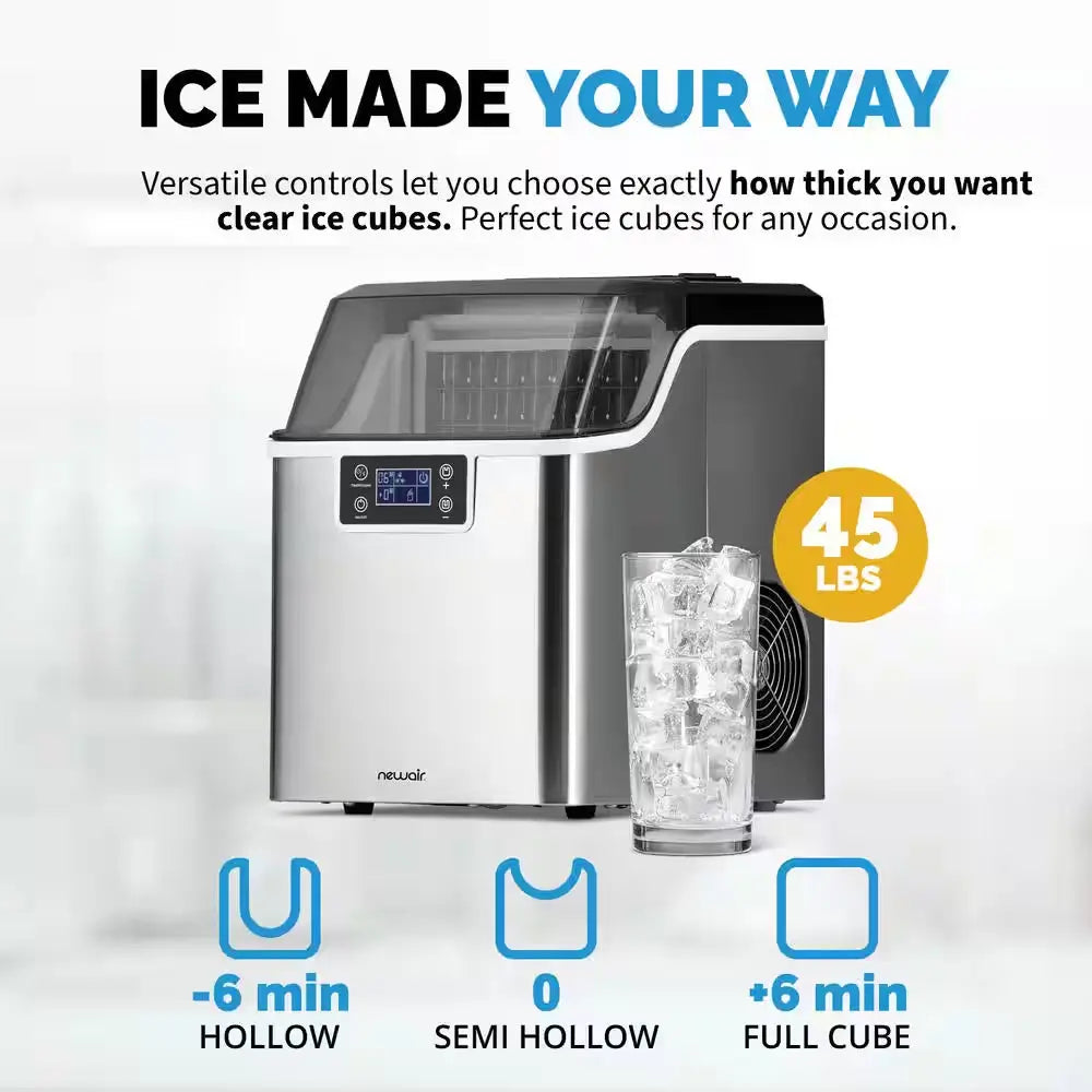 9.9 In. 45 Lbs. Countertop Full Size Clear Ice Cube Maker,Stainless Steel W/Self-Cleaning Function,Refillable Water Tank | Fridge.com